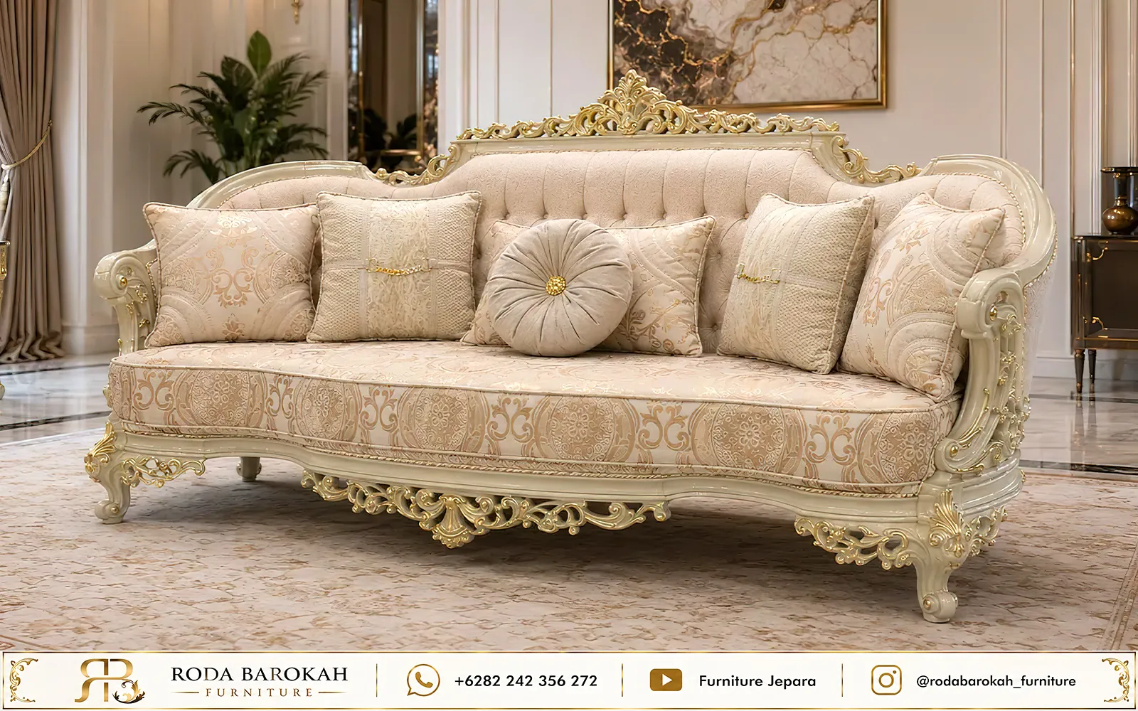 Desain Ruang Tamu Mewah Ukiran Klasik Ivory Luxury