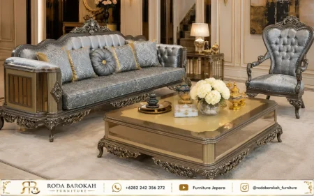 Desain Set Sofa Tamu Klasik Nuansa Mewah Ukir Elegance