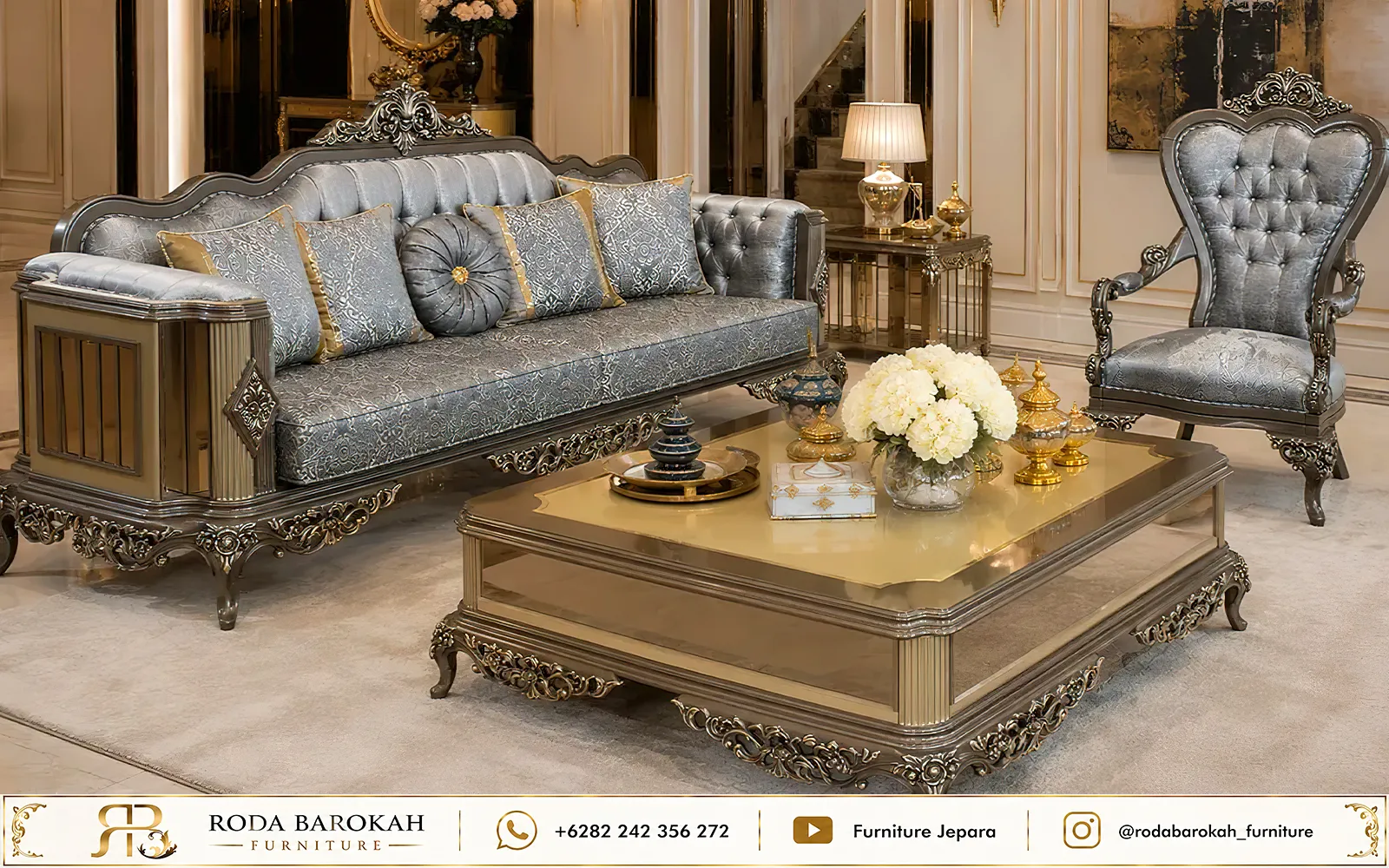 Desain Set Sofa Tamu Klasik Nuansa Mewah Ukir Elegance