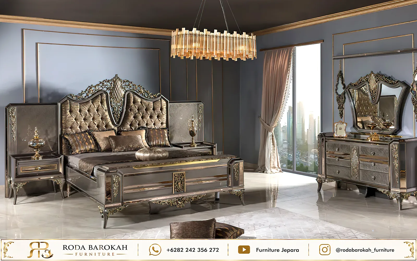 Inspirasi Kamar Tidur Ukiran Mewah Sultan Metallic Charcoal Bed