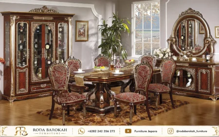 Koleksi Meja Makan Mewah Ukir Klasik Burgundy Damask