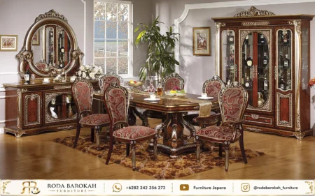 Koleksi Meja Makan Mewah Ukir Klasik Burgundy Damask