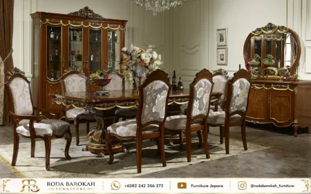 Konsep Ruang Makan Elegan Kayu Solid Ukiran Emas