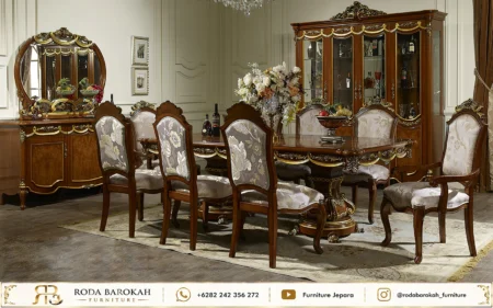 Konsep Ruang Makan Elegan Kayu Solid Ukiran Emas
