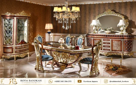 Konsep Ruang Makan Mewah Elegan Ukiran Gold Busa Biru