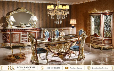 Konsep Ruang Makan Mewah Elegan Ukiran Gold Busa Biru