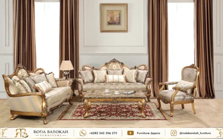 Konsep Ruang Tamu Mewah Elegan Ukiran Jepara Warna Cream