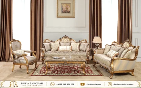 Konsep Ruang Tamu Mewah Elegan Ukiran Jepara Warna Cream