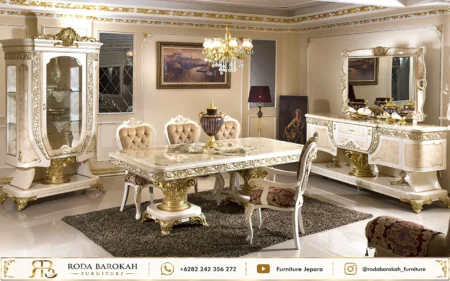 Model Set Meja Makan Sultan Mewah Ukir Emas Marmer