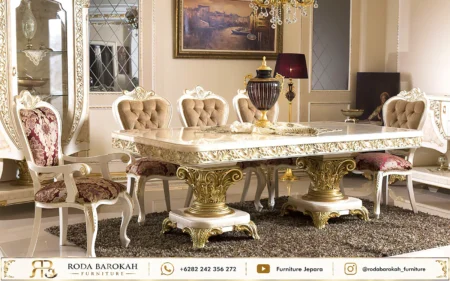 Model Set Meja Makan Sultan Mewah Ukir Emas Marmer